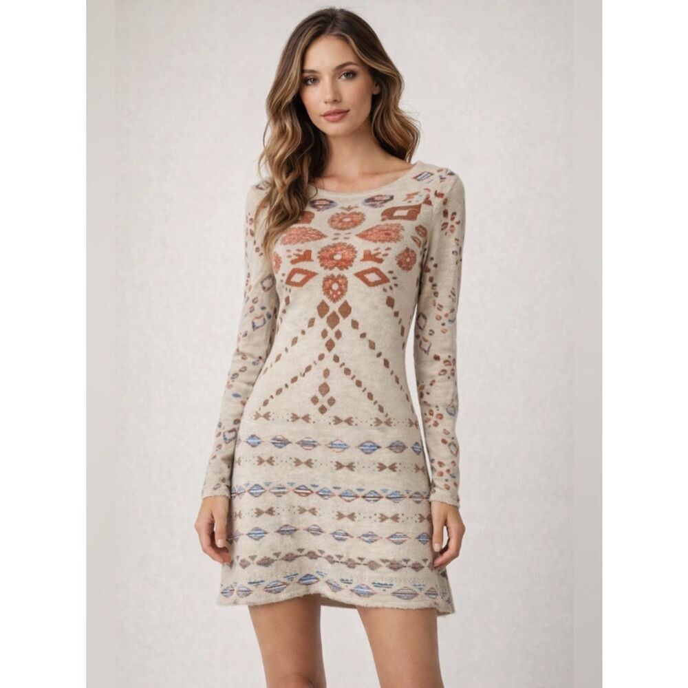 Gypsy 05 Beige Knit Dress with Rust & Blue Geometric Motif